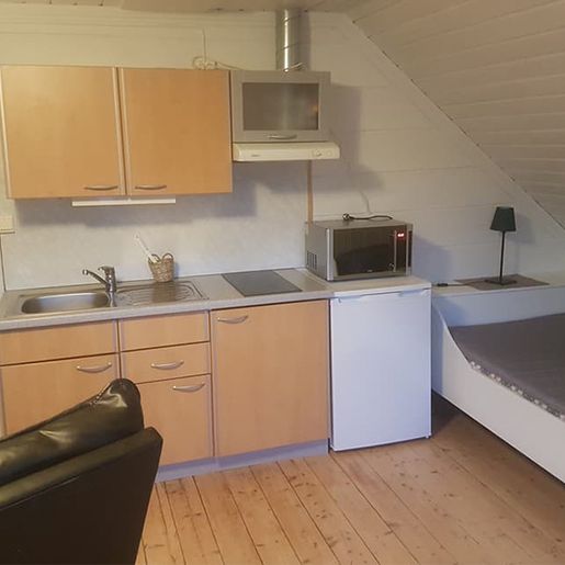 Kjøkkenkrok og sovelass i Flærøya leilighet